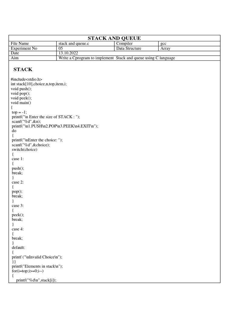 C Program for Stack and Queue Implementation | PDF | Computers