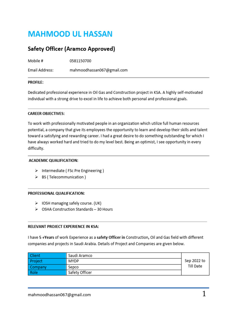 Safety Officer Profile in Oil & Gas KSA | PDF | Safety | Occupational ...