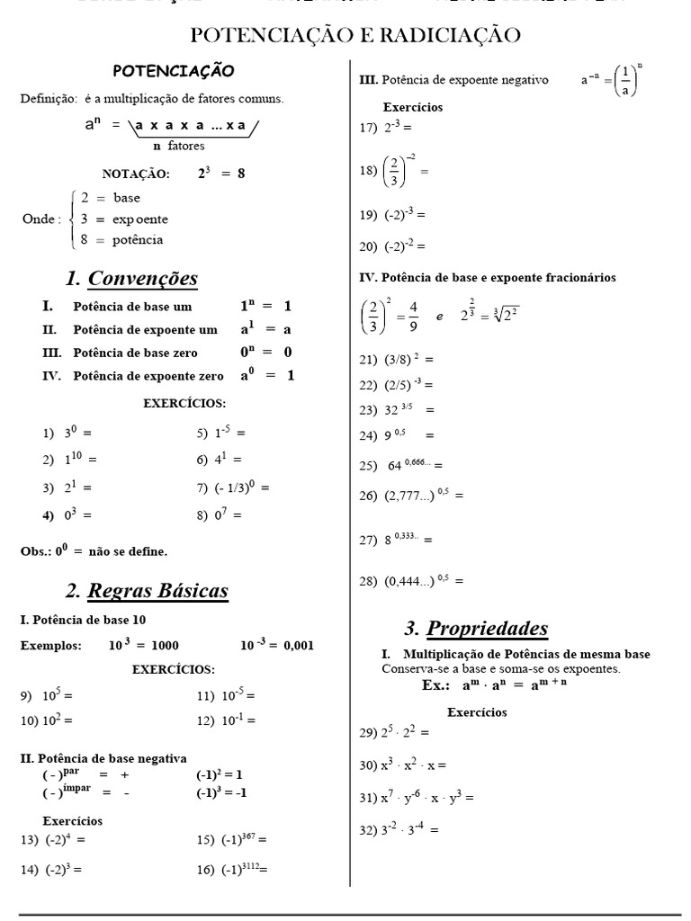 Regras e Exercícios de Potências e Raízes | PDF | Exponenciação | Raiz ...