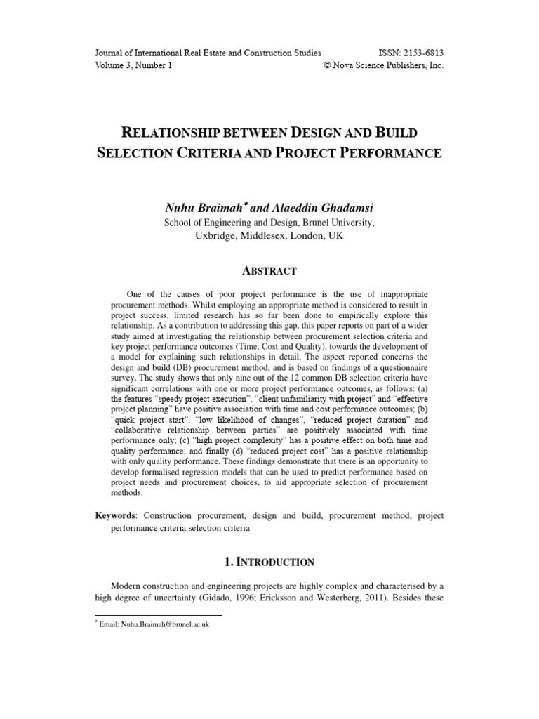 Relationship Between Design and Build Selection Criteria and Project ...