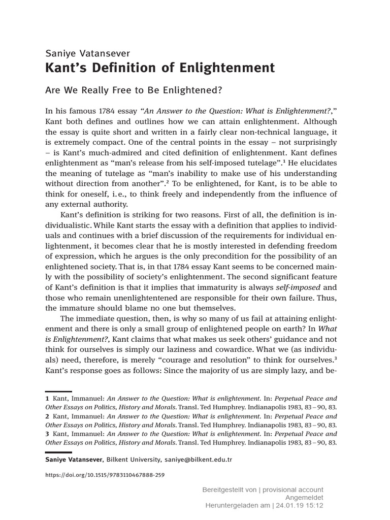Kants Definition of Enlightenment PDF Immanuel Kant Reason