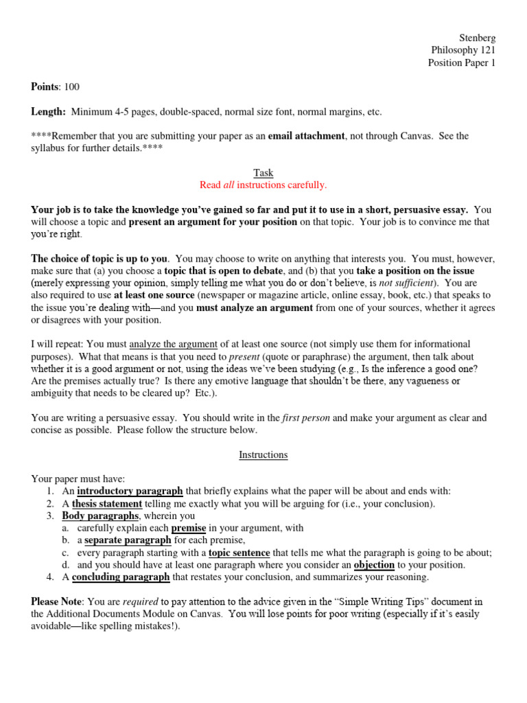 Position Paper Guidelines for Philosophy 121 | PDF | Argument | Essays