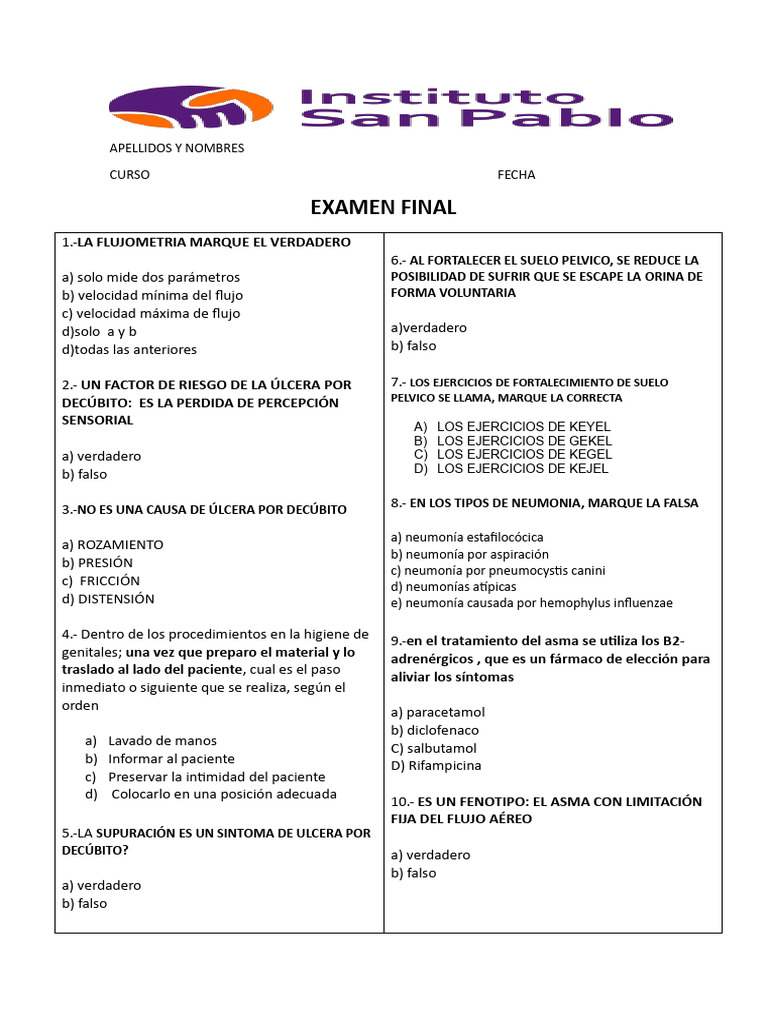 Examen Final de Adulto Mayor | PDF | Neumonía | Enfermedades y trastornos