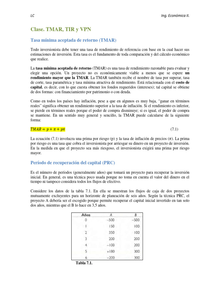 Clase 7 Ie2 Tmar VPN y Tir | PDF | Tasa interna de retorno