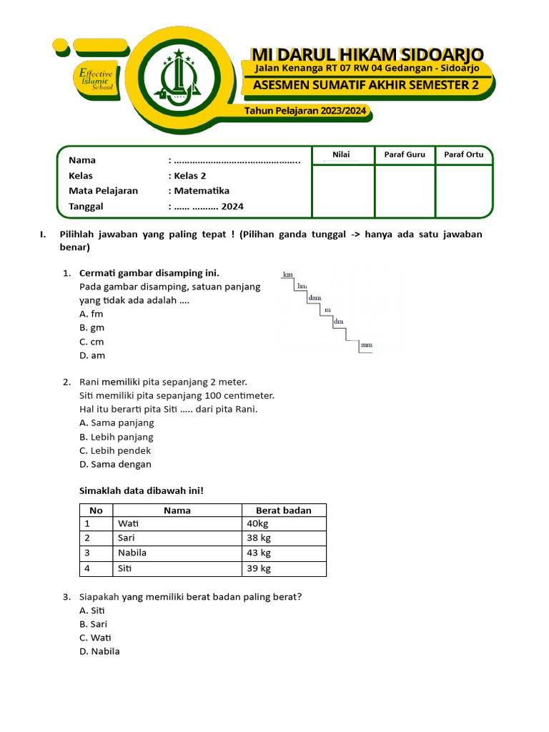 Asa Smt 2 Matematika Kelas 2 Pdf