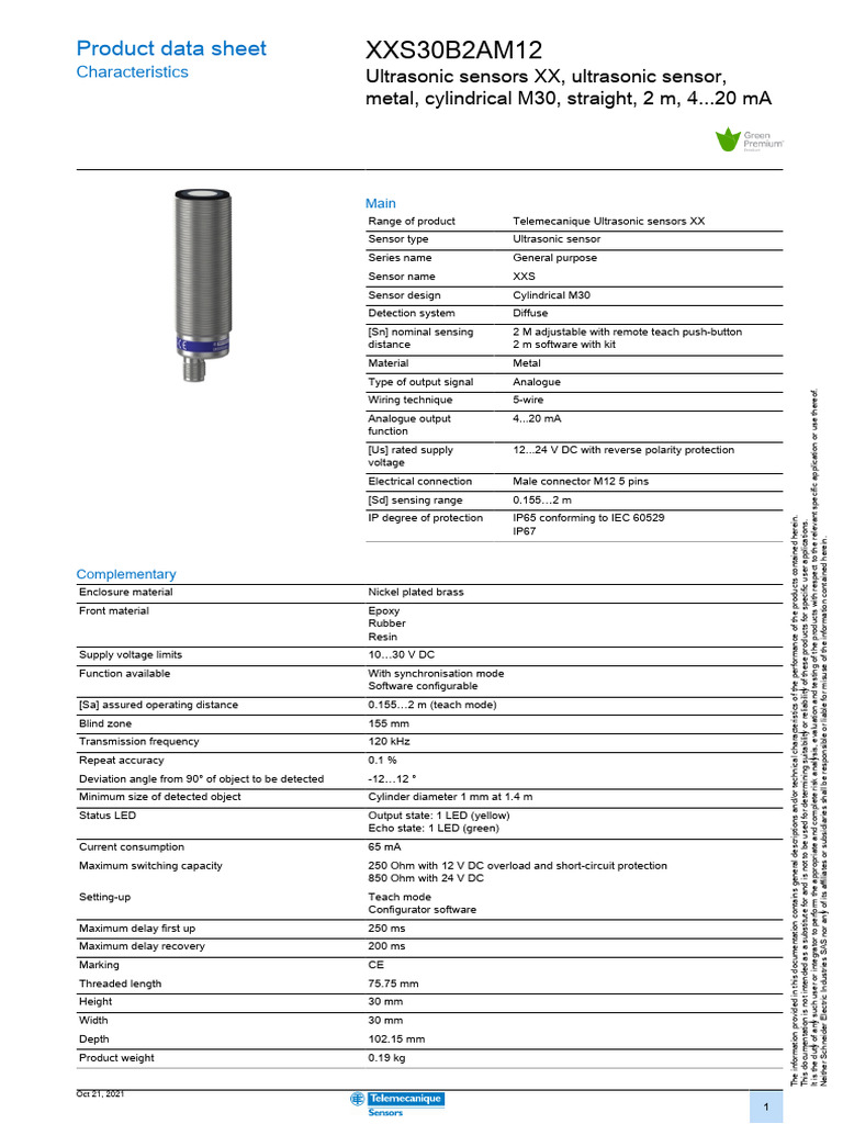 Ultrasonic Sensor XXS30B2AM12 Data Sheet | PDF | Ultrasound ...