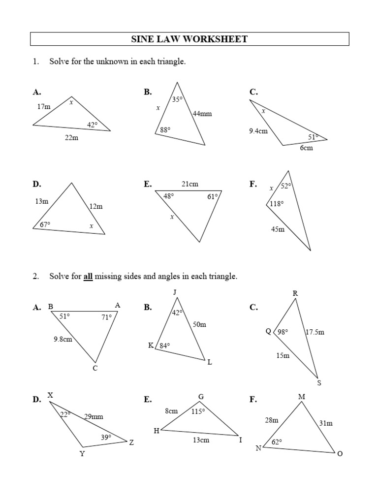 Sine Law Triangle Problems Worksheet | PDF | Rotation | Classical Geometry