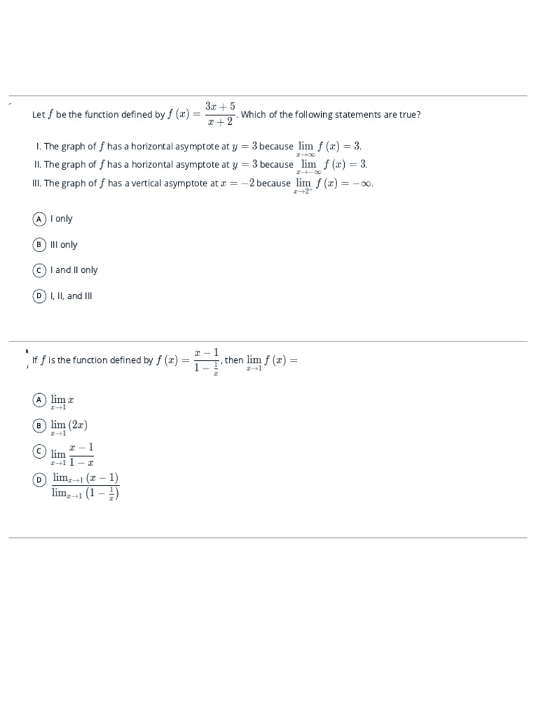 Calculus MCQ Asymptotes & Continuity | PDF | Asymptote | Mathematical ...
