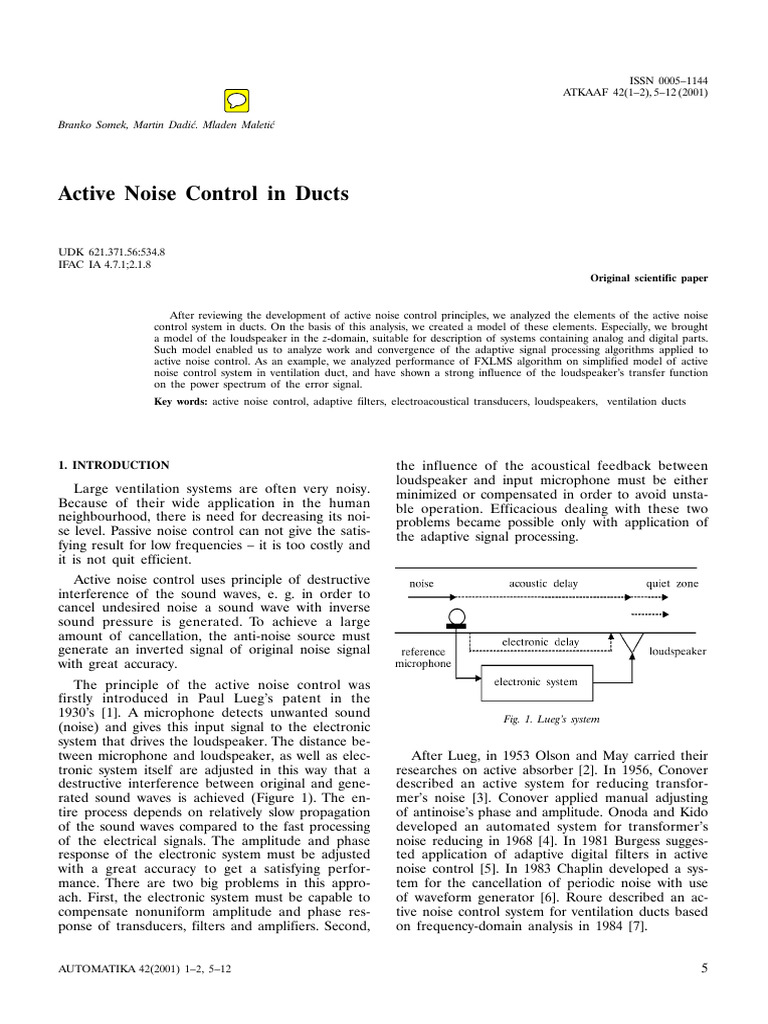 Active Noise Control in Ducts, B Somek, 2001, (6p) | PDF | Loudspeaker ...