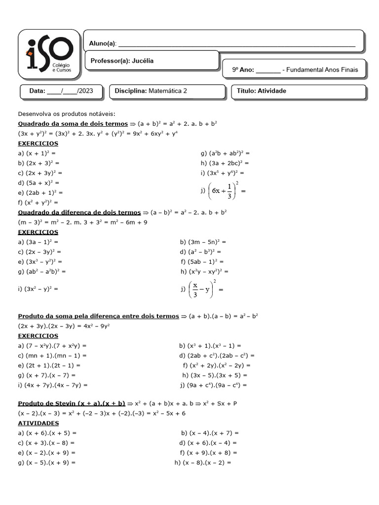 Exercícios de Produtos Notáveis 9º Ano | PDF