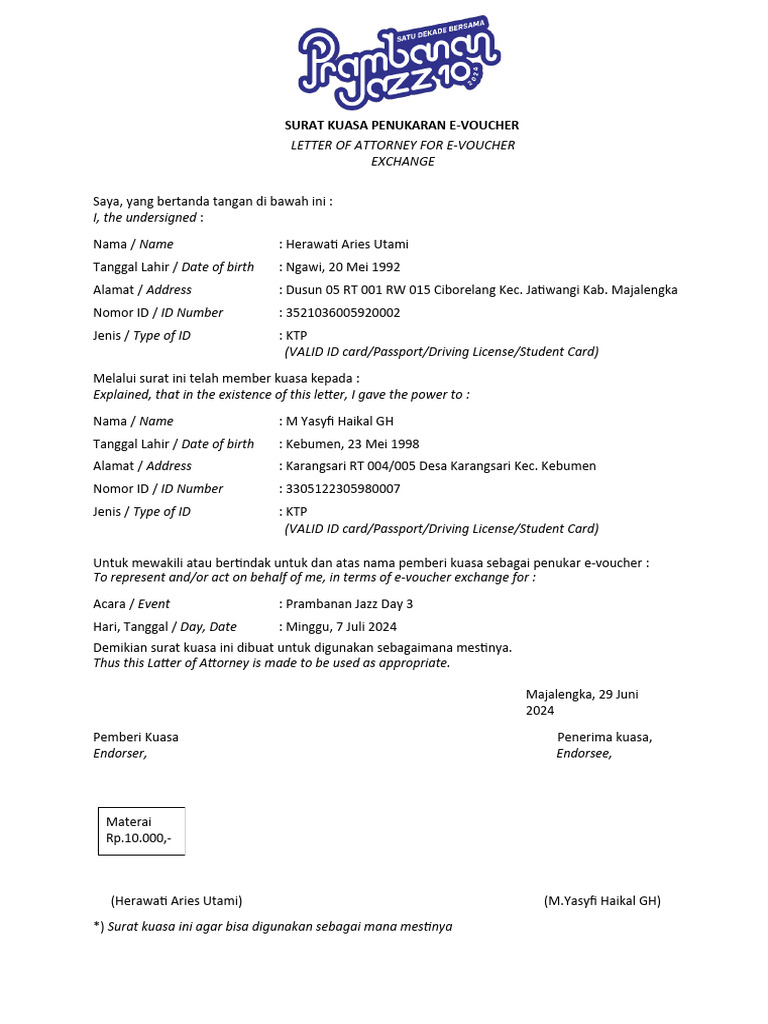 Template Surat Kuasa Penukaran Tiket | PDF