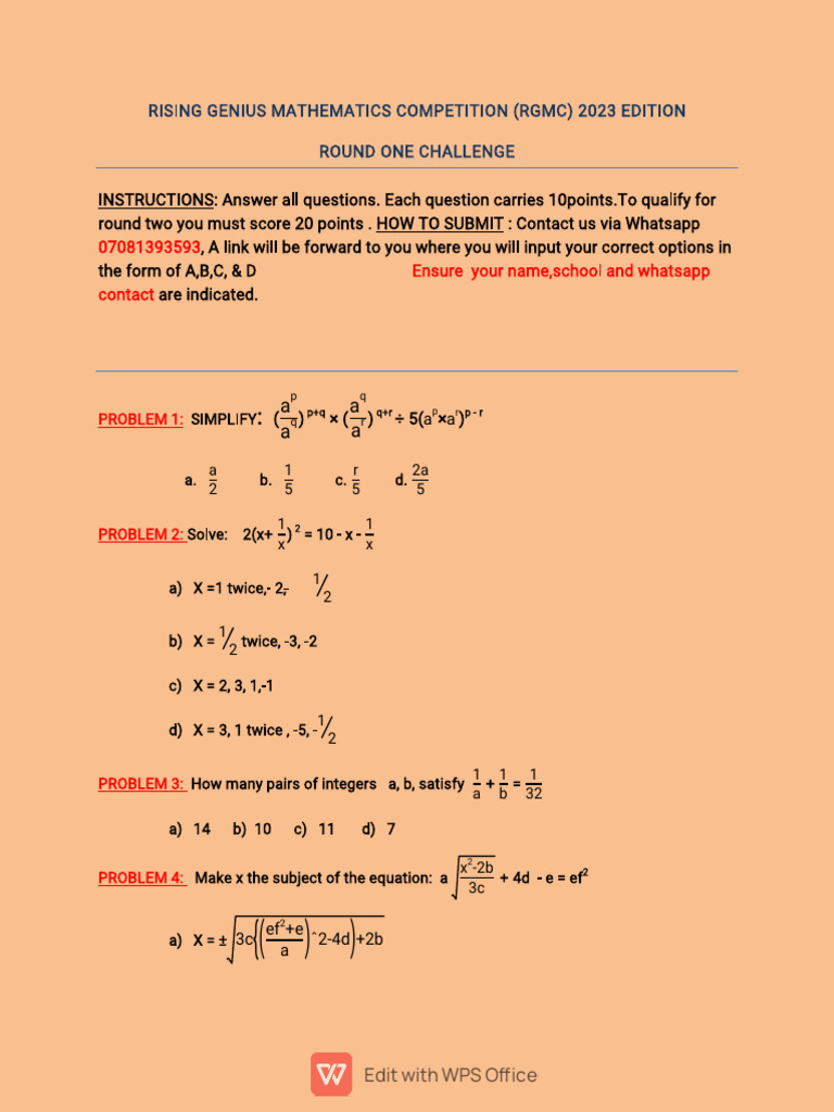 Rising Genius Mathematics Competition2023 Rr1 | PDF | Mathematics ...