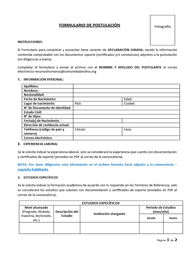 Formulario de Postulación para Fotografía | PDF | Documento de identidad