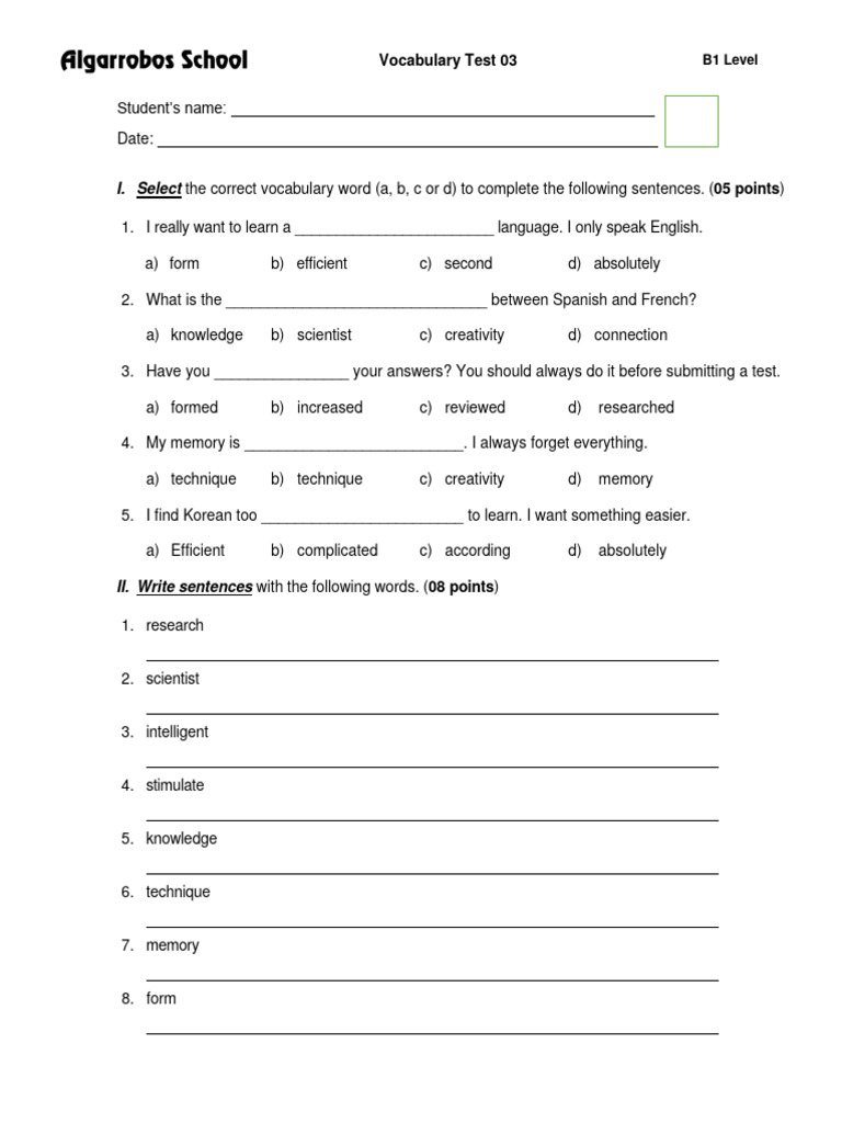 Vocabulary Test B1 Pdf Semantic Units Linguistics