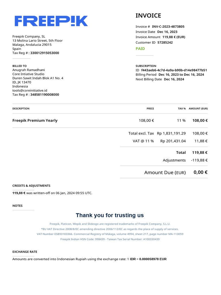 Freepikcompany-Eu Invoice 19A4X2U1l1wfJ7GG7 | PDF | Indonesian Rupiah ...