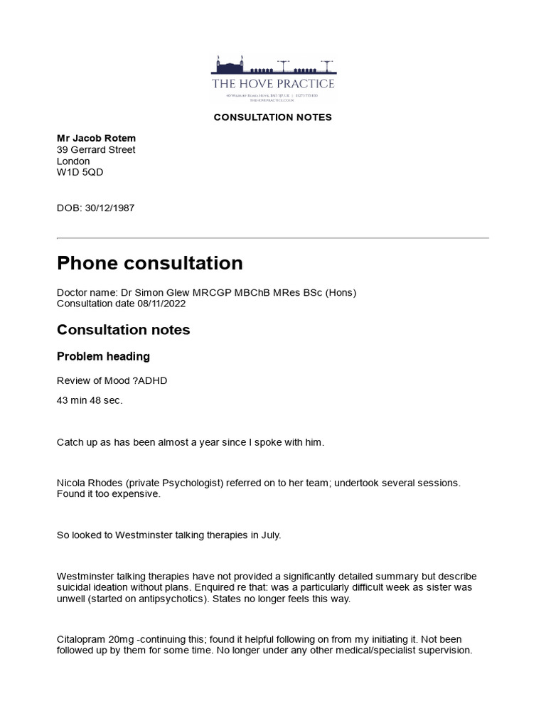 Consultation Notes: Mood and ADHD Review | PDF | Mental Disorder ...