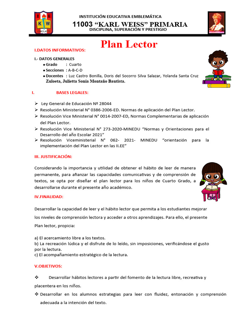 Plan Lector para Cuarto Grado 2023 | PDF | Salón de clases | Cognición