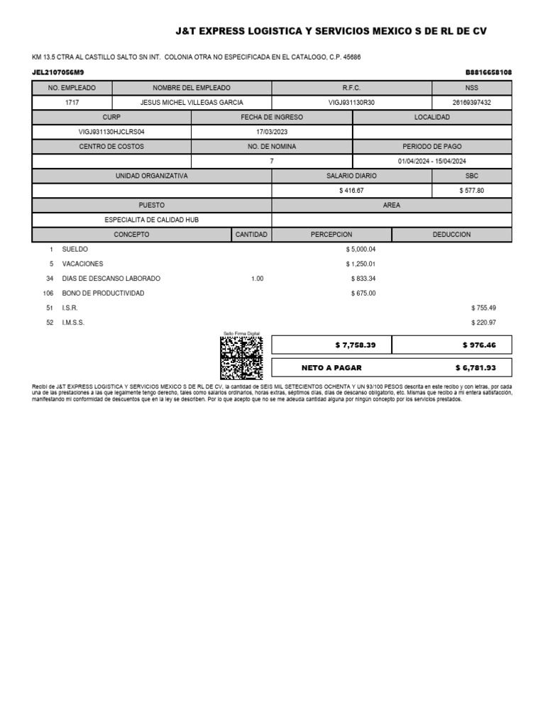 Recibo_2024_4_1_7 | PDF | Compensación laboral | Economias