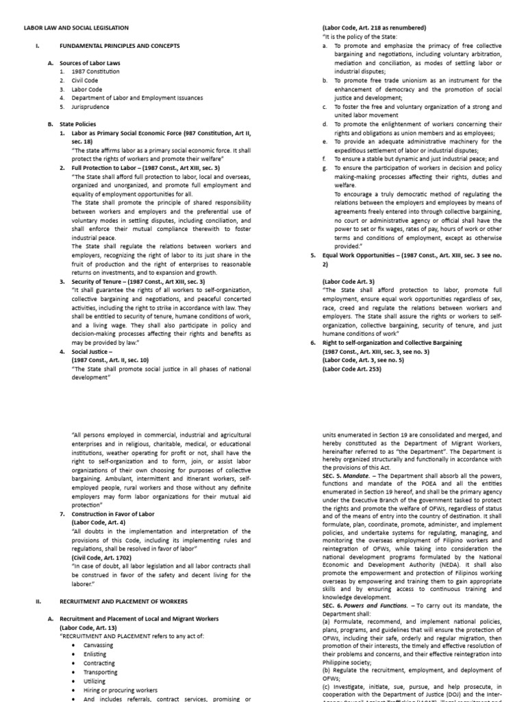 LABOR LAW AND SOCIAL LEGISLATION Reviewer | PDF | Employment | Labour Law