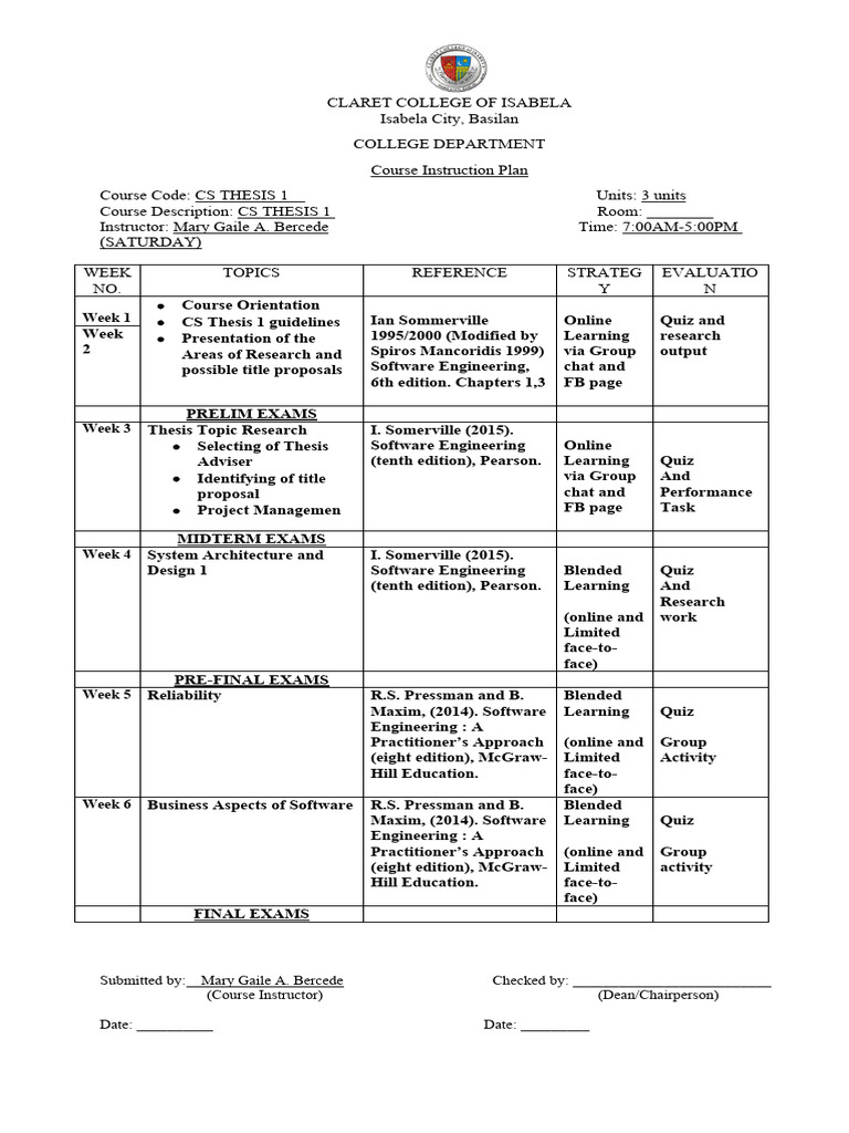 CS Thesis 1 Course Plan - Claret College | PDF | Computer Engineering ...
