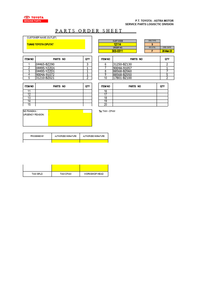 CFAM - Part Order Sheet Manual - Urgent Case | PDF | Vehicle Parts ...