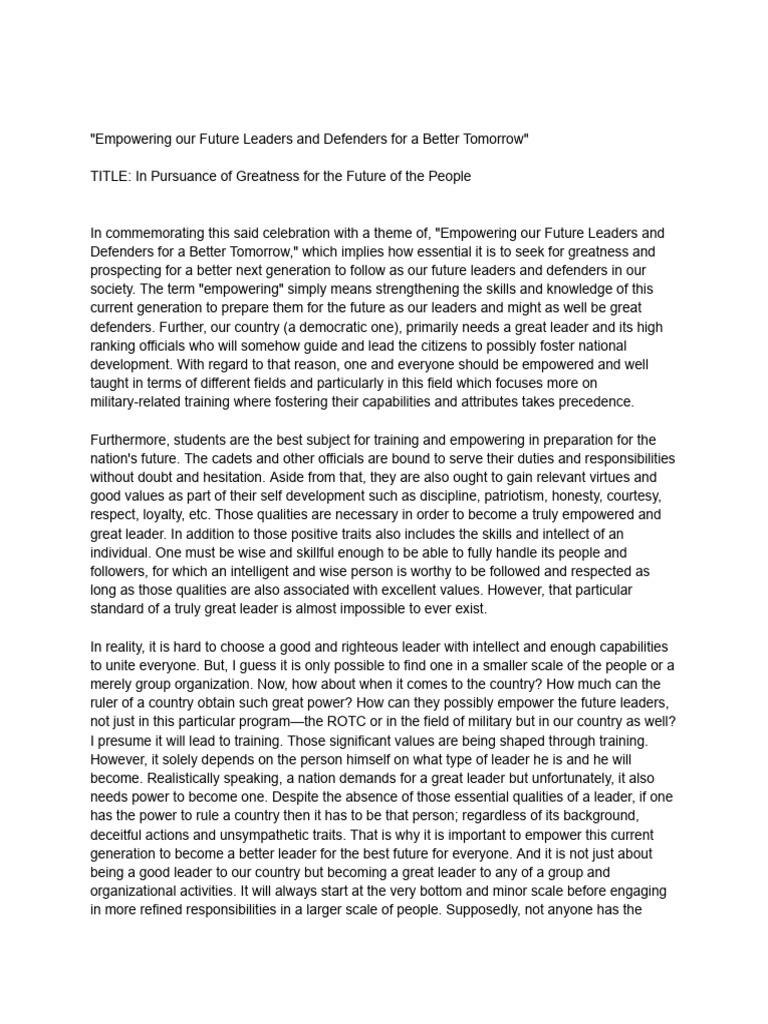Empowering Our Future Leaders and Defenders For A Better Tomorrow | PDF ...