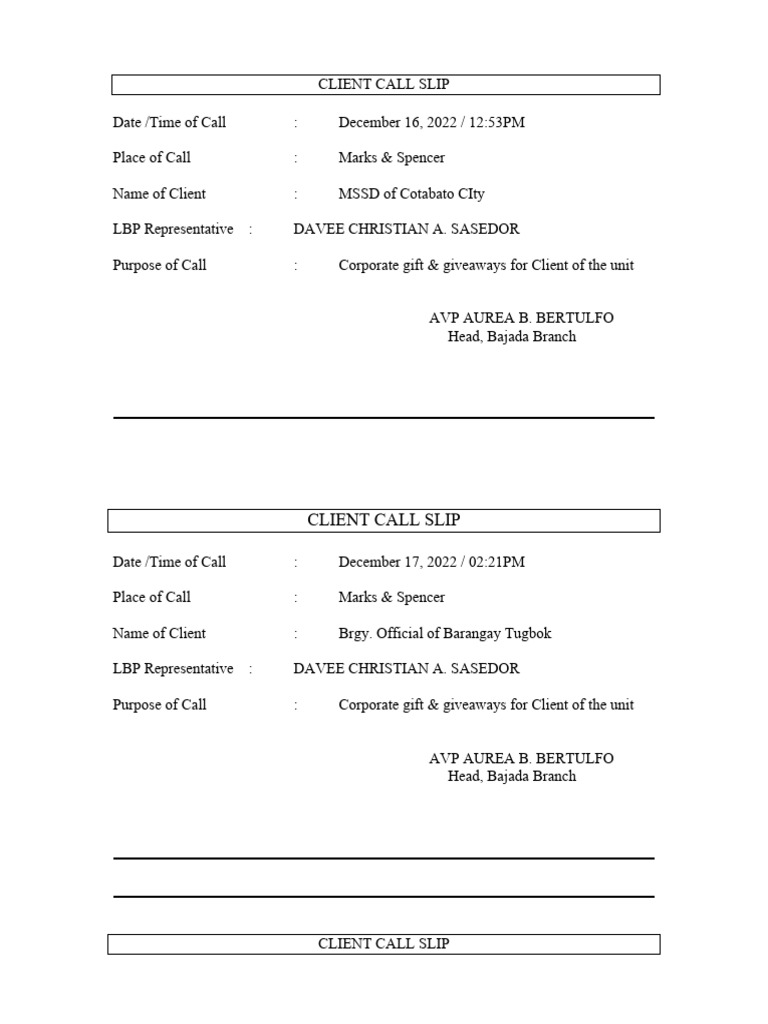 Client Call Slip Records | PDF
