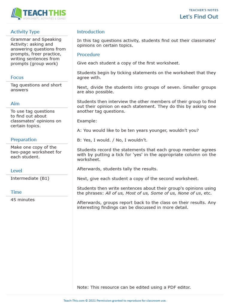 Tag Questions Activity for Classmates' Opinions | PDF | Human ...