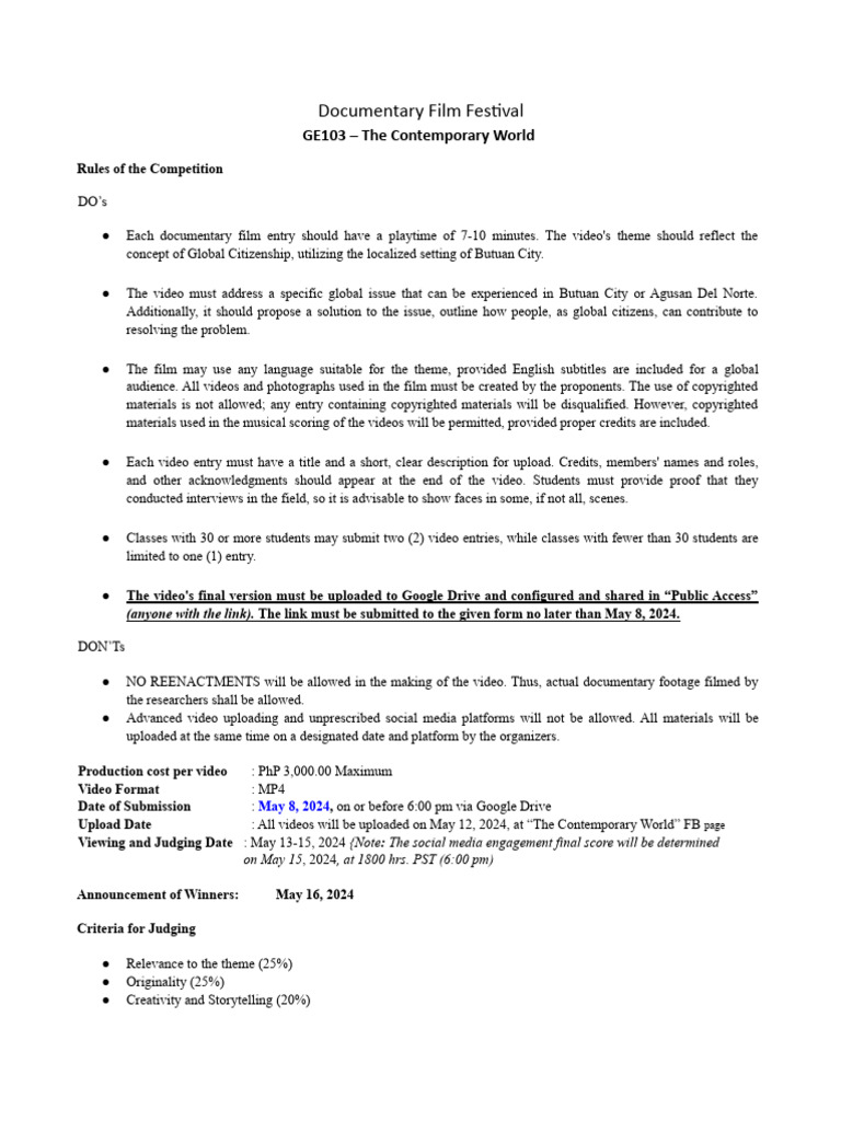 GE 103 Revised Documentary Film Festival Criteria 2 | PDF | Human ...