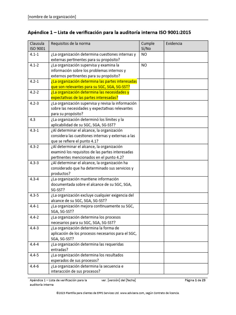 Checklist Auditoría Interna ISO 9001:2015 | PDF | Calidad (comercial ...
