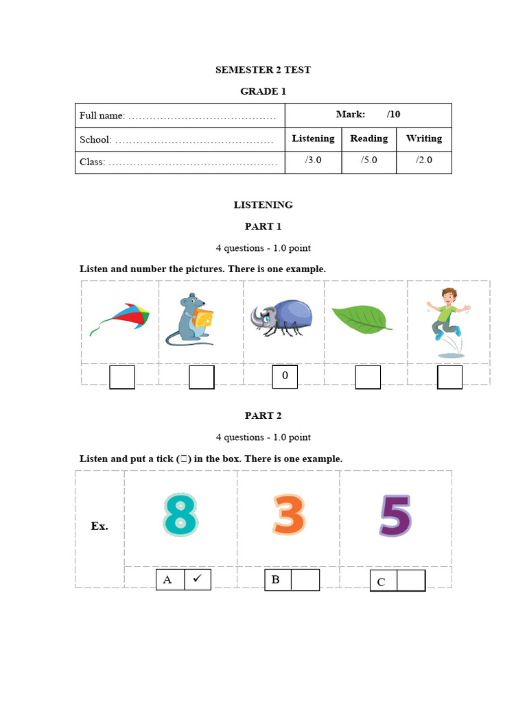 Grade 1 Semester 2 English Test | PDF