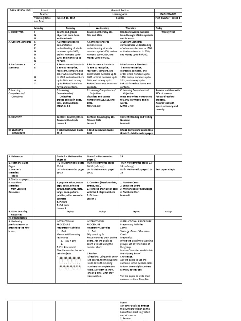 Grade 2 Mathematics Lesson Plan | PDF | Numbers | Natural Number