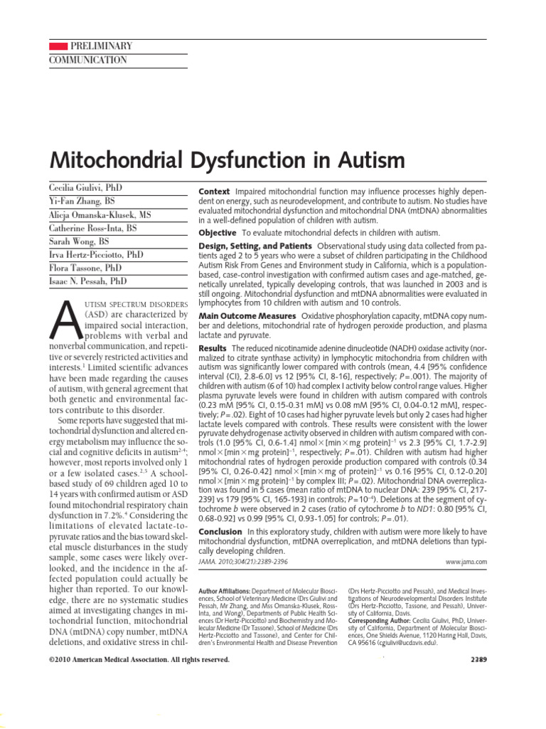Mitochondrial Dysfunction in Autism Study | PDF | Mitochondrion ...