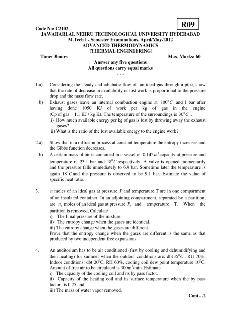 Advanced Thermodynamics Exam Paper | PDF | Gases | Temperature