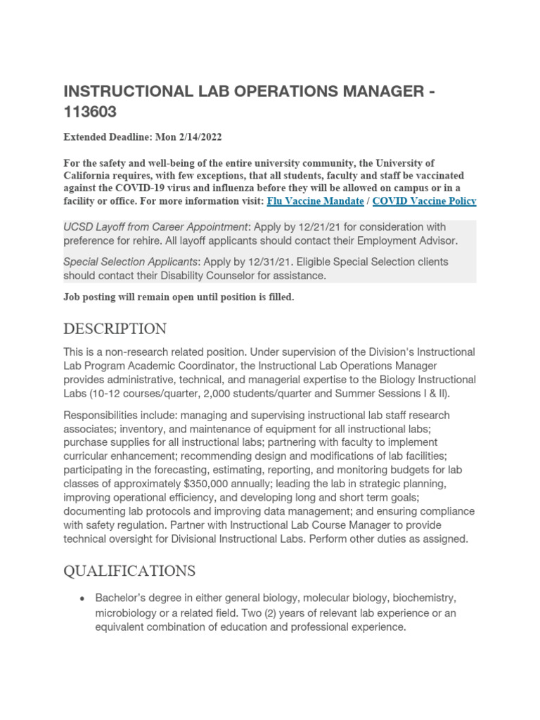 Instructional Lab Operations Manager Role | PDF | Laboratories | Knowledge