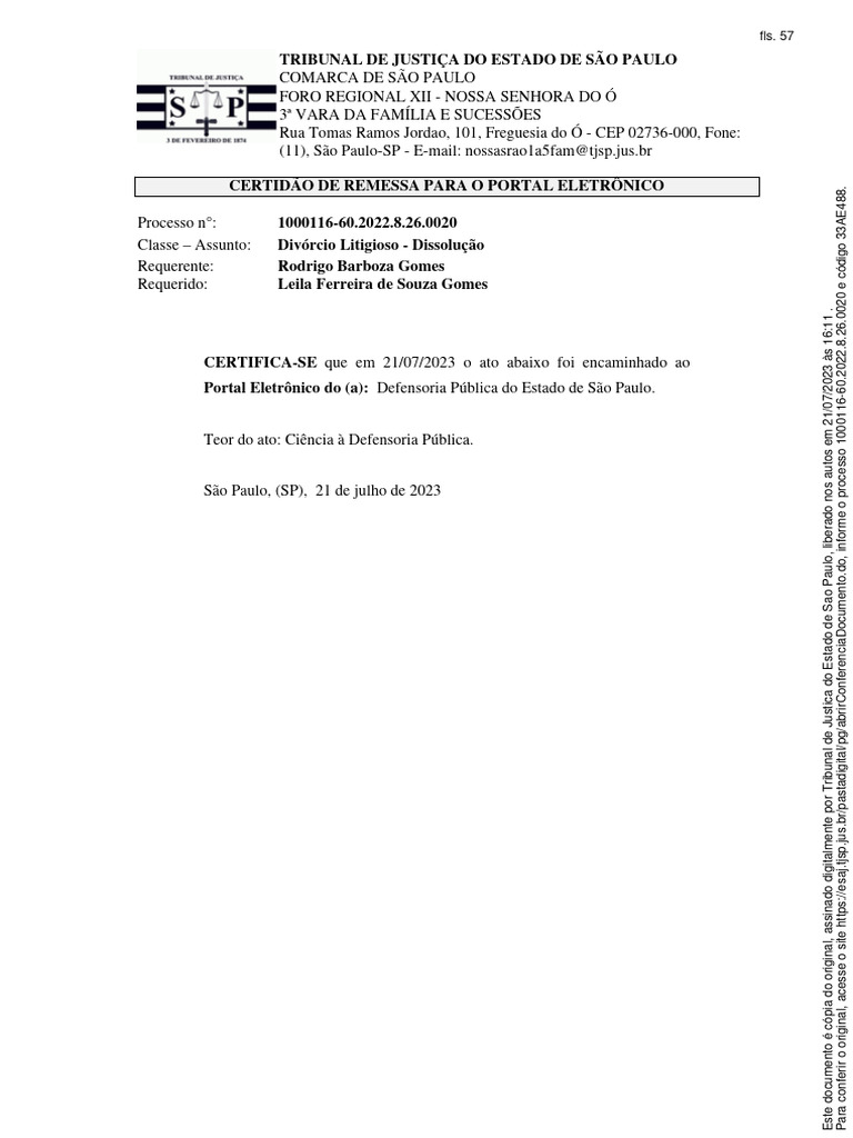 Certidão de Remessa - Divórcio Litigioso | PDF