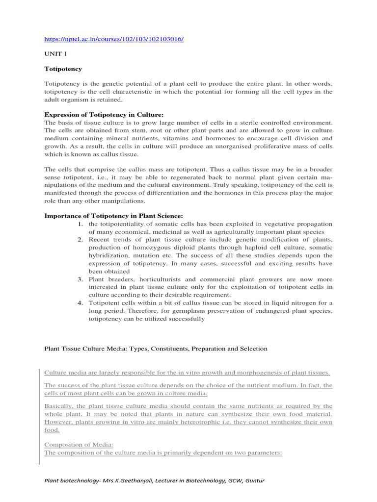 Understanding Plant Totipotency and Media | PDF | Growth Medium | Cell ...
