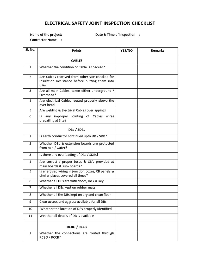 Electrical Safety Inspection Checklist | PDF | Electrical Wiring ...