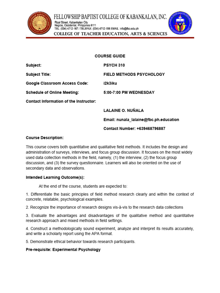 Field Methods in Psychology Course Guide | PDF | Methodology ...