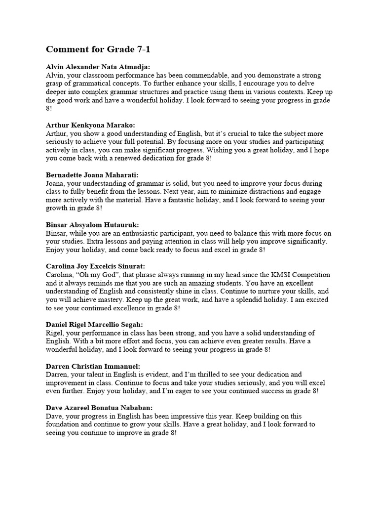 Grade 7 Motivational Feedback Summary | PDF | Motivational | Motivation