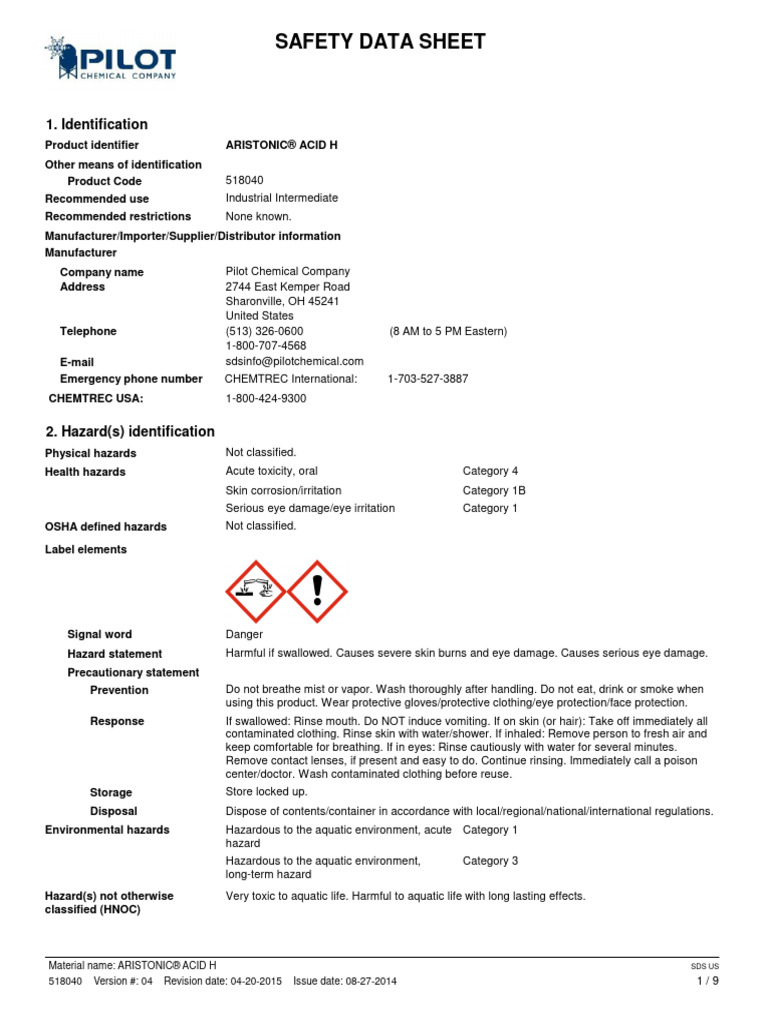 SafetyDataSheet (SDS) AristonicAcidH EN 06302021 | PDF | Toxicity | Hazards