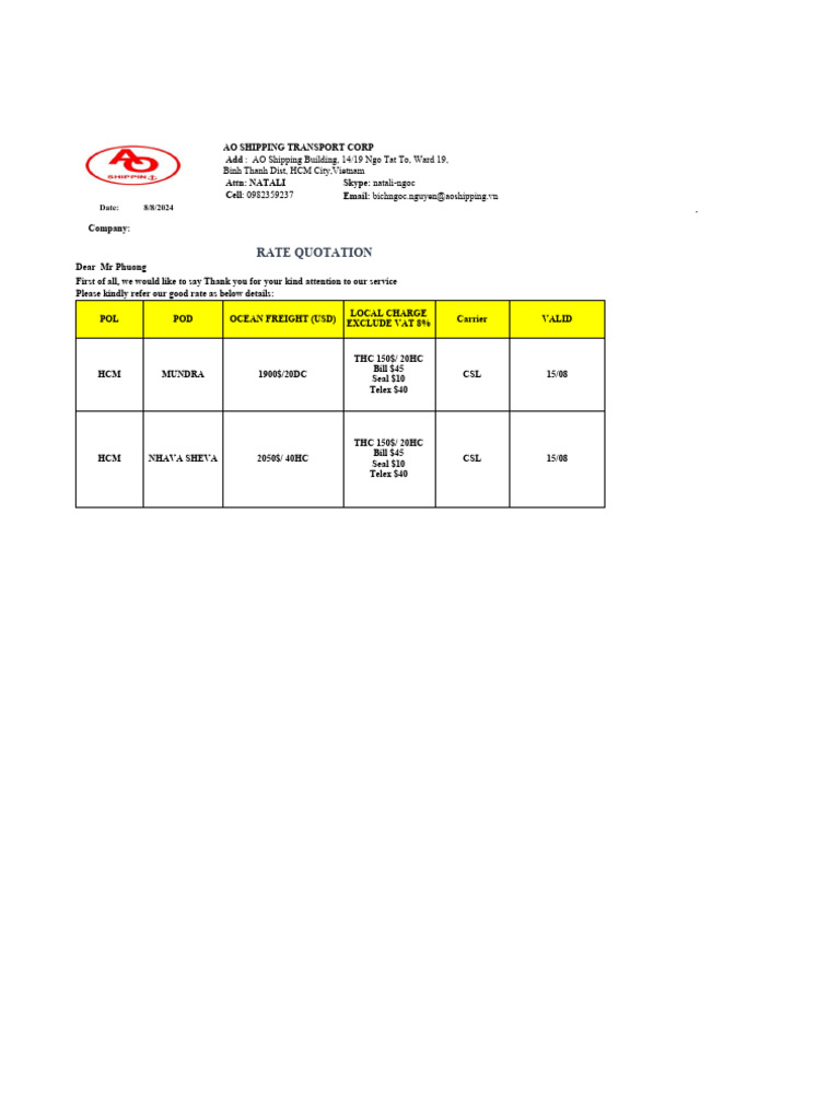 AO Shipping Transport Rate Quotation | PDF