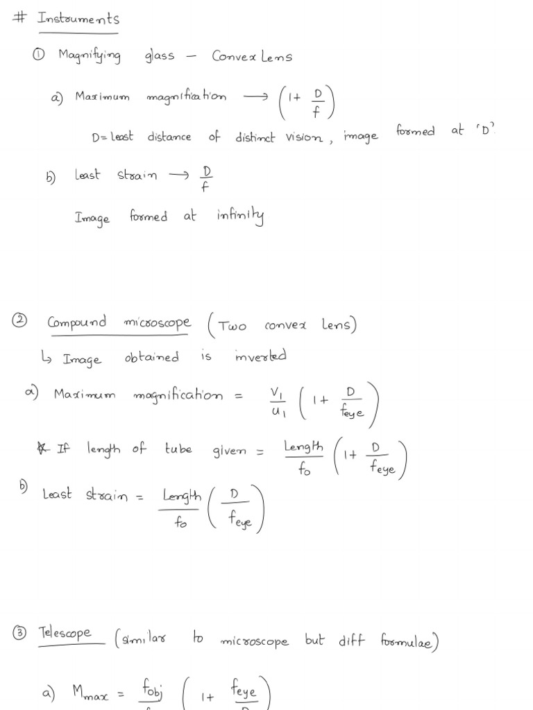 Optical Instruments Important Formulae | PDF