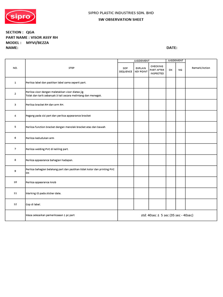 Prosedur Pemeriksaan Visor Assy RH Myvi/Bezza | PDF