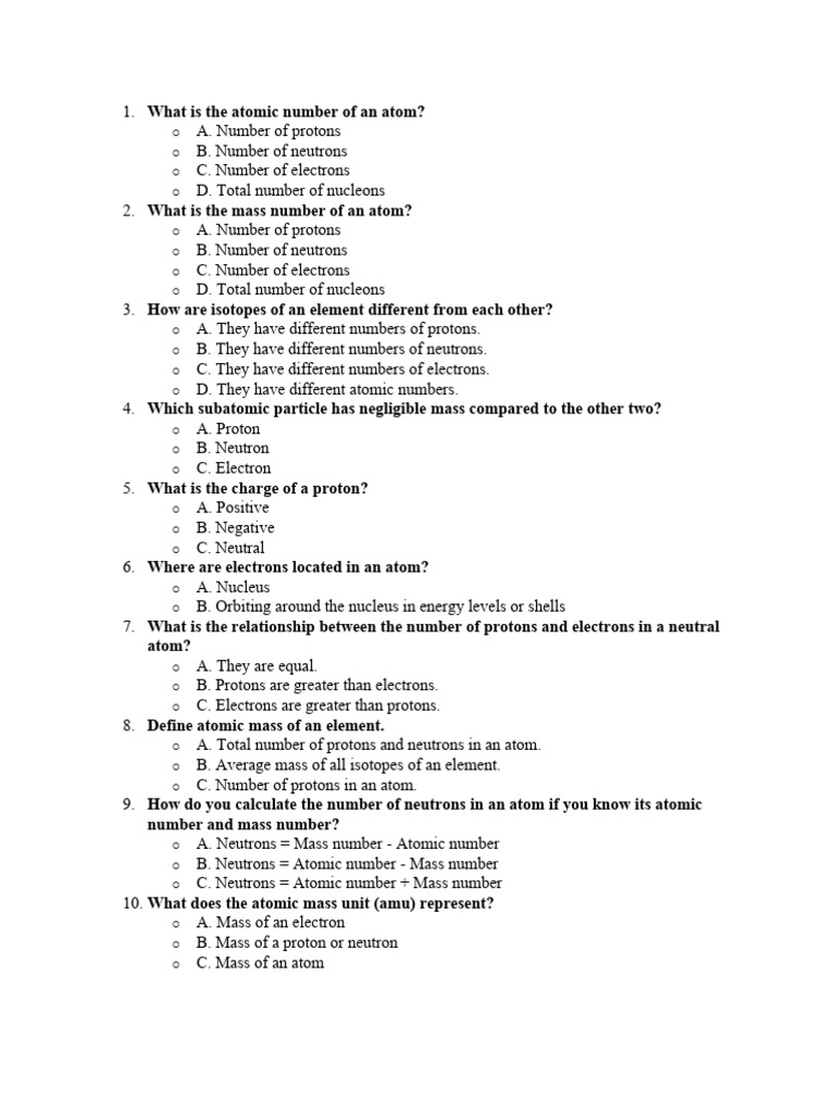 Quiz Atom Structure Pdf