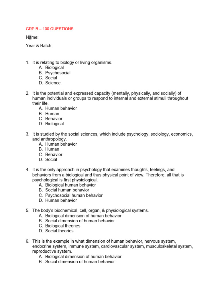 GRP B: 100 Human Behavior Questions | PDF | Psychosocial | Psychology