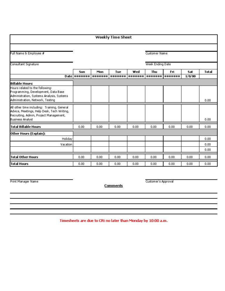 Weekly Timesheet Template Example | PDF