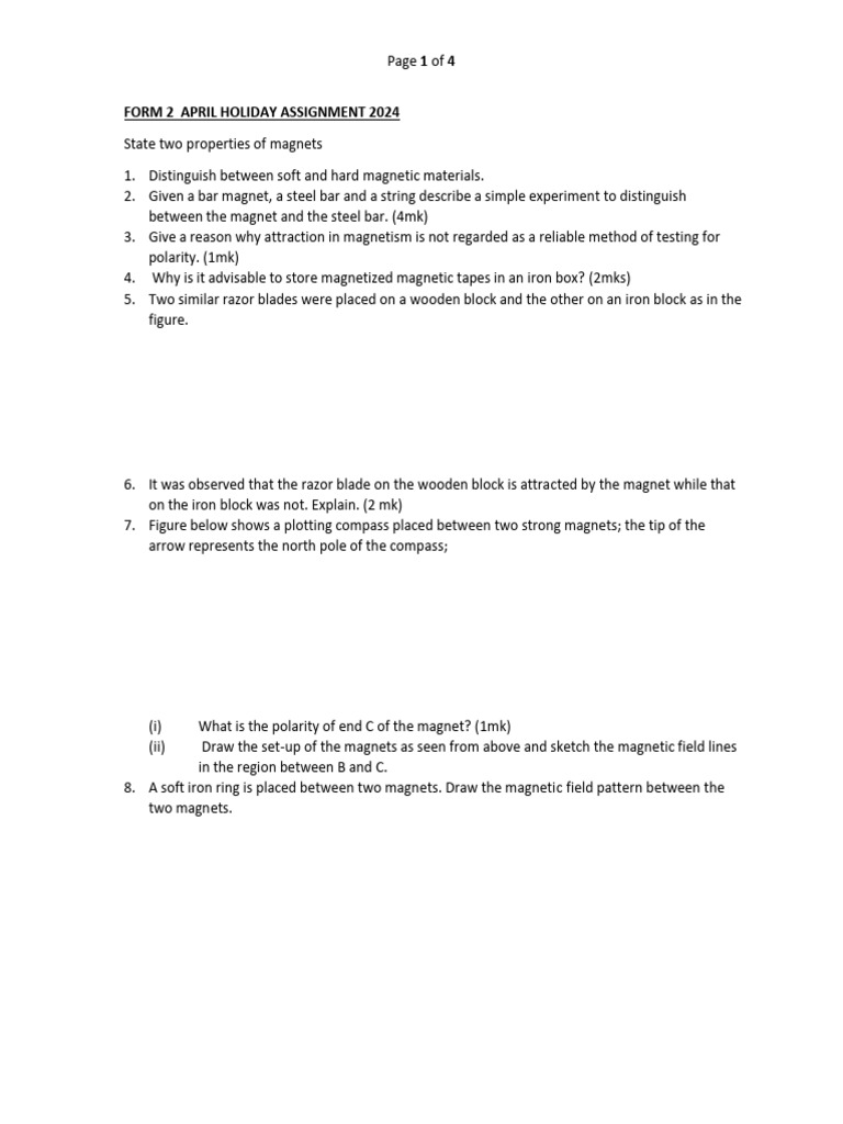 Form Two Holiday Assignment April 2024 | PDF | Magnet | Applied And ...