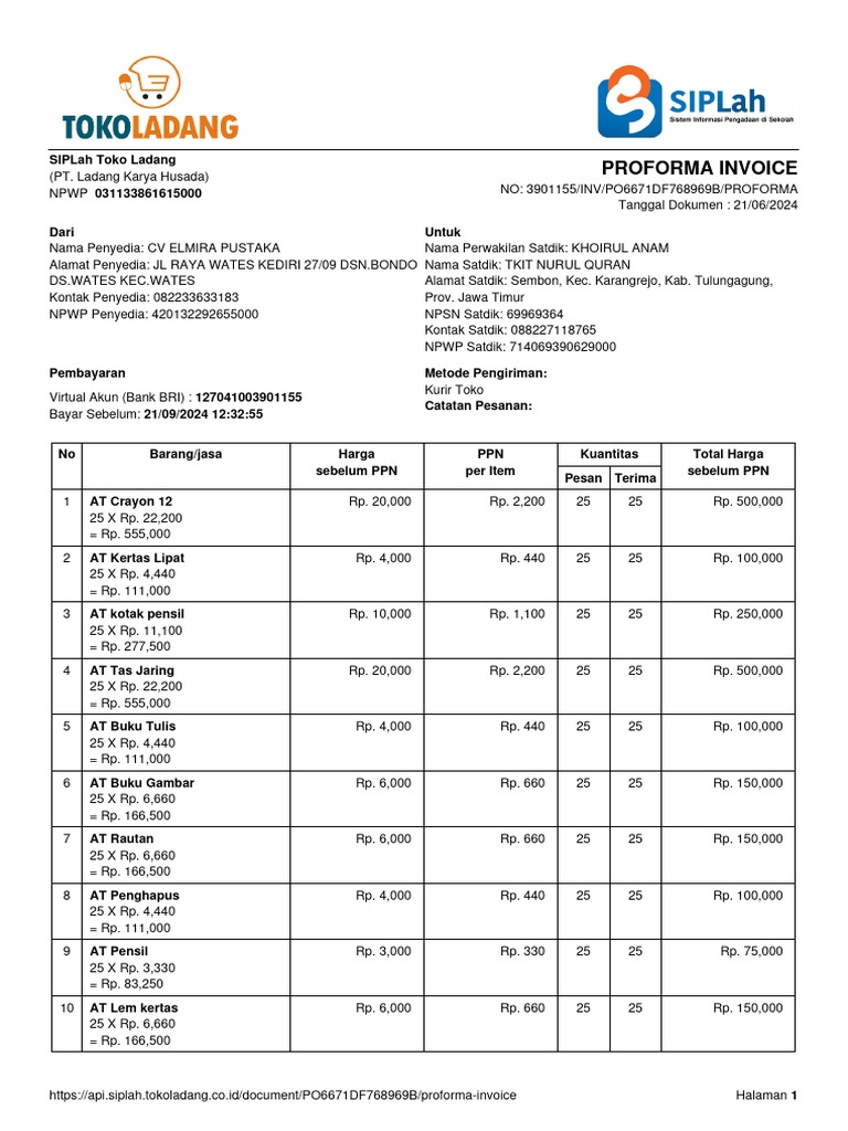 Proforma Invoice Toko Ladang 2024 | PDF