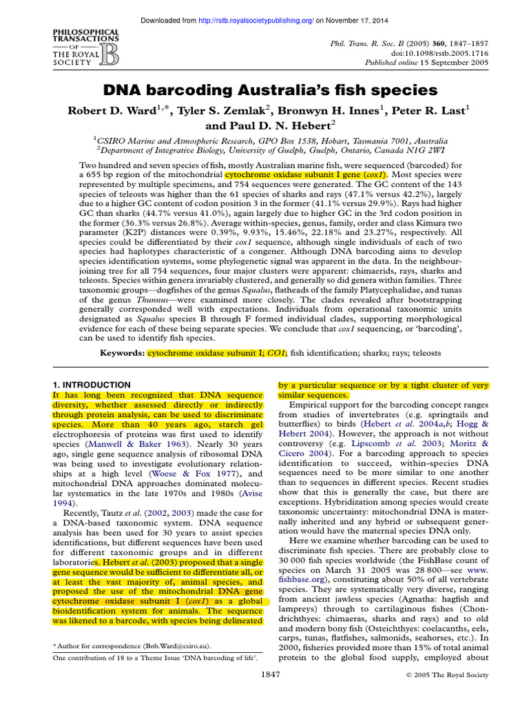 Ward - 2005 DNA - Barcode - Australia - Fish - Species - Phil. Trans. R ...